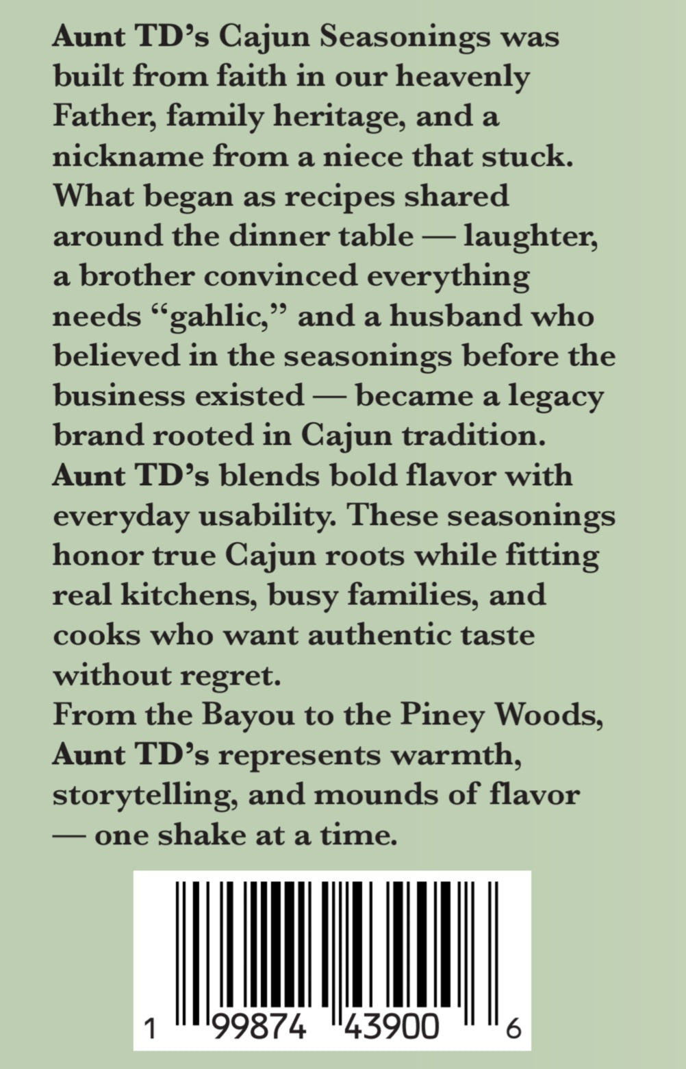 back label: “Aunt TD's Cajun Seasonings back label with brand story”